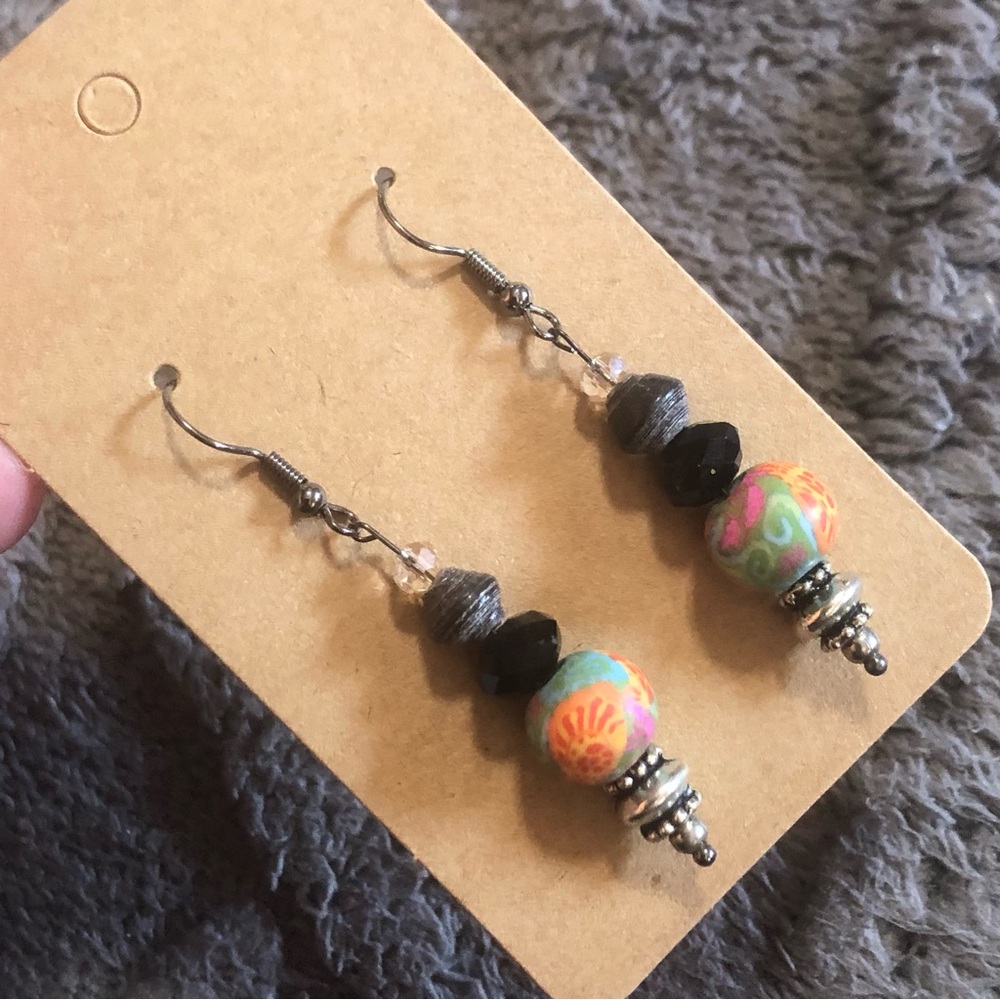 Handcrafted art clay bead faceted jet crystal rhondelle dangle earrings